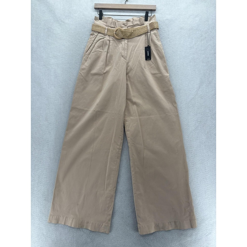 Express Stylist Super High Rise Wide Leg Pants Womens 4L Beige Belted Paperbag